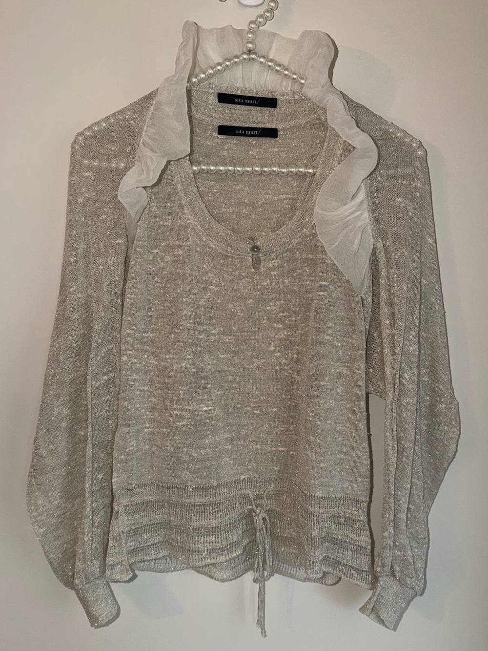 Sita Murt Barcelona Metallic Knit 2-Piece Set/Sheer Tank & Ruffle Bolero - Beige